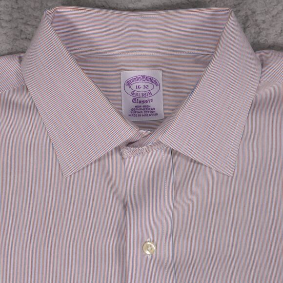 Brooks Brothers Shirt Men 16-32 Classic Orange Green Striped Button Long Sleeve - Picture 3 of 16